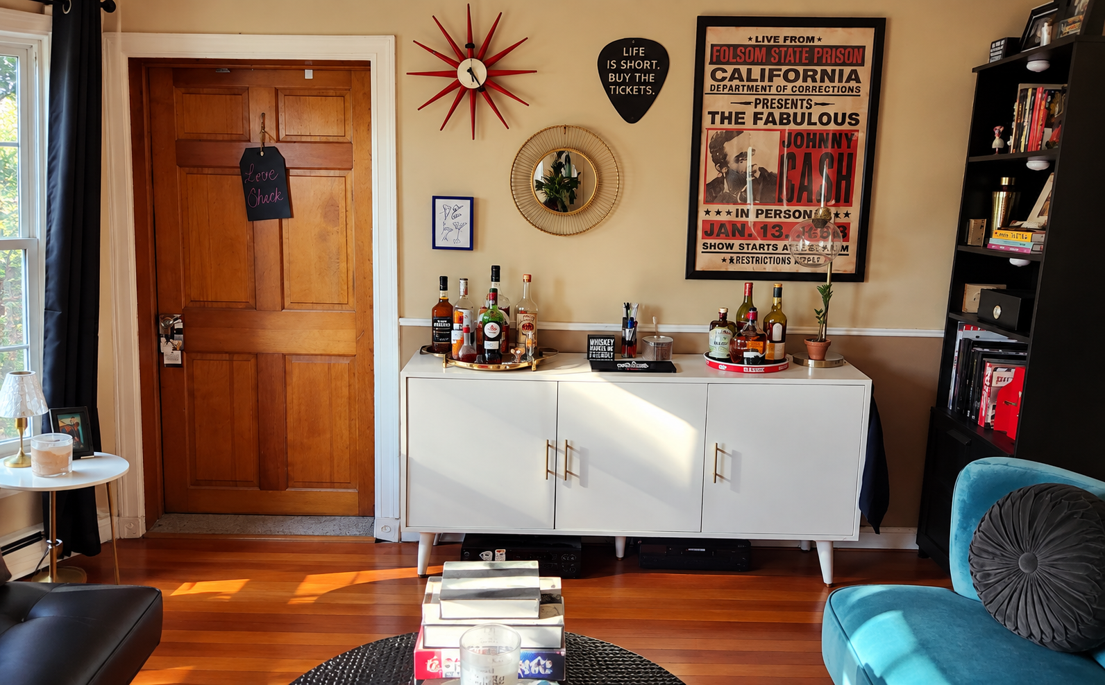 Styled bar wall and music lounge details with clean mirror reflection