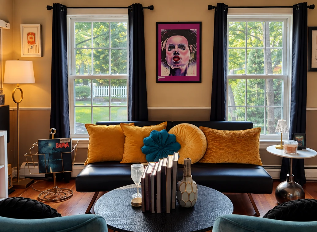 Lounge seating with teal and mustard accents