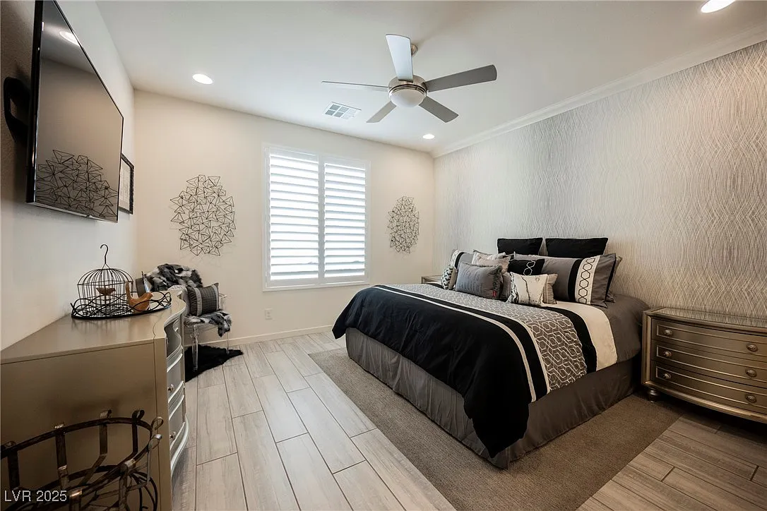 Black white and silver bedroom
